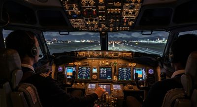Inside a flight simulator cockpit